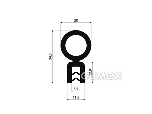Gumový profil tvaru "U" s horným tesnením, 34,5x20/5,5mm, 70°ShA, EPDM, -40°C/+125°C, čierny